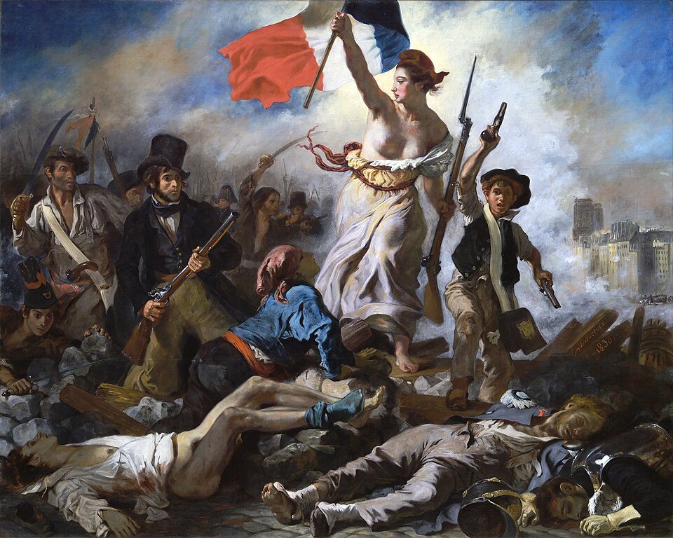 Delacroix's allegory of Liberty leading a diverse crowd over the barricades, tricolor flag raised.